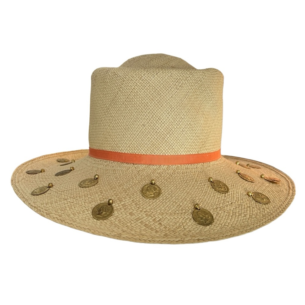 VINTAGE 60s Therese Ahrens Ecuador Straw Sun Hat Gold Coin Statement - Picture 4 of 14